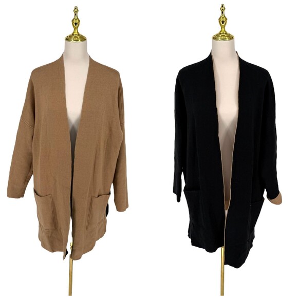 J. Jill Reversible Cardigan Sweater Size 2X Camel Black Knit Open Front Pockets - Picture 2 of 11